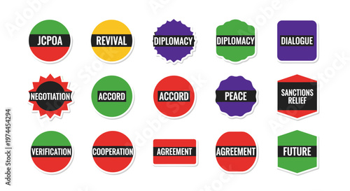 Collection of conceptual round, starburst, and hexagonal graphic badges featuring terms like jcpoa, revival, diplomacy, dialogue, negotiation, accord, peace, sanctions relief,