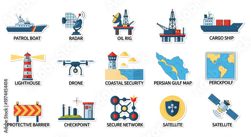 Collection of flat style vector icons representing maritime, surveillance, and infrastructure elements including patrol boat, radar, oil rig, cargo ship, lighthouse, drone,