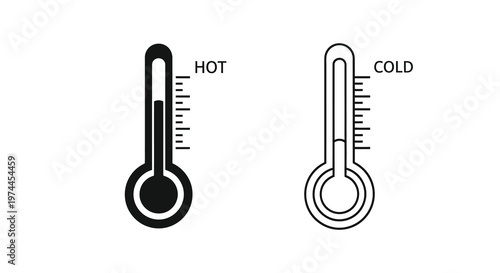 Two thermometers displaying hot and cold temperatures in black and white