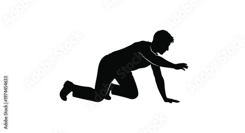 Silhouette of a man in a crawling athletic pose against a white background