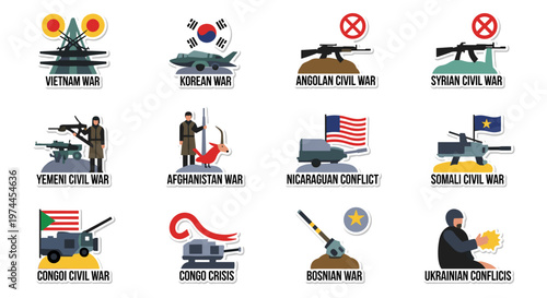 Collection of stylized vector icons depicting various global conflicts including vietnam war, korean war, angolan civil war, syrian civil war, yemeni civil war, afghanistan war,