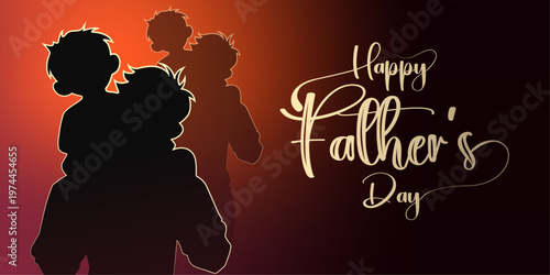 kid sitting on fathers shoulders.black shadow art design.happy father's day modern text word decorative greeting card,banner and celebration background vector illustration.