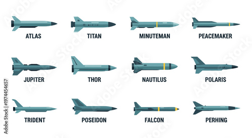 Collection of various missile types, including atlas, titan, minuteman, peacemaker, jupiter, thor, nautilus, polaris, trident, poseidon, falcon, and perhing, depicted with clean