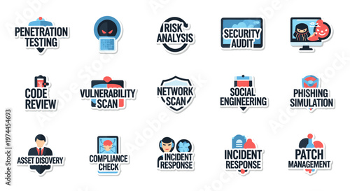 Cybersecurity icons collection featuring penetration testing, risk analysis, security audit, social engineering, phishing simulation, code review, vulnerability scan, network