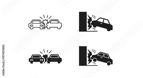 Vector illustration of car accident icons set, vehicle collision and crash into wall symbols on a transparent background