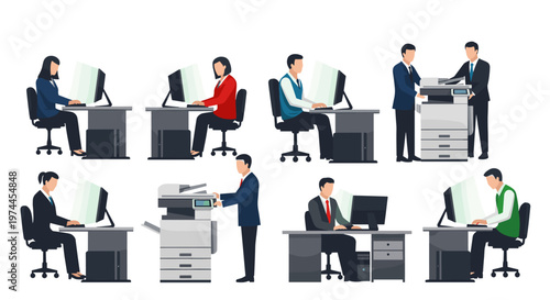 Diverse professionals diligently working on computers and operating office copiers, showcasing modern workplace collaboration and administrative tasks within a clean, minimalist