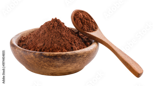 Fotografía Wooden spoon spilling brown cocoa powder into rustic wooden bowl