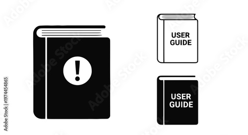 Vector illustration of set of book icons with exclamation mark and user guide text on a transparent background