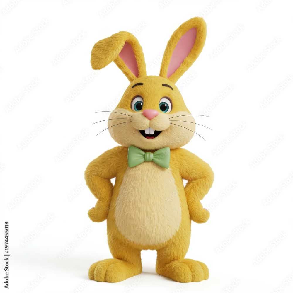 Obraz premium Anthropomorphic yellow bunny mascot soft plush fur green bow tie hands on hips studio white background Easter celebration concept festive character design for spring holidays