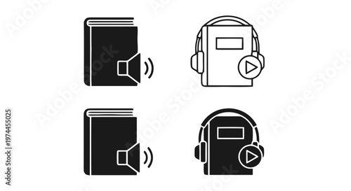 Vector illustration of set of audiobook icons, book with headphones and sound symbols on a transparent background