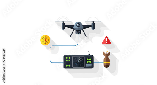Modern drone equipped with camera and bomb, connected to control console with radar display, aiming at target, warning sign indicates danger, representing aerial surveillance,