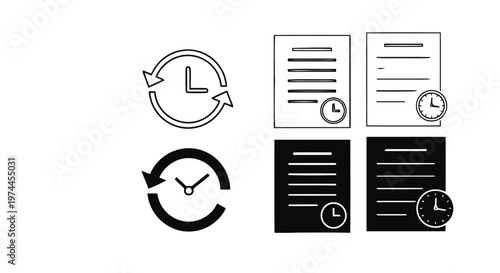 Vector illustration of set of time and document icons, history and clock symbols on a transparent background