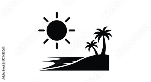 Minimalist tropical scene featuring a sun palm trees and ocean waves