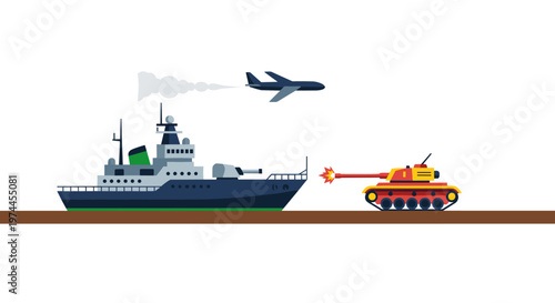 Naval warship engages a land tank with a vibrant explosion, while an airplane flies overhead emitting smoke, showcasing military conflict and strategic maneuvers through bold flat