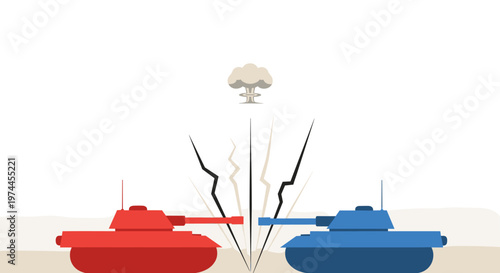 Two opposing armored vehicles, a red tank and a blue tank, face each other across a fractured landscape with a mushroom cloud symbolizing conflict and potential destruction,