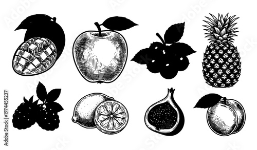 Vintage engraved fruit and berry vector icons set with mango pineapple apple and blueberry for gourmet branding
