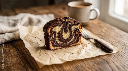 A slice of marble cake with chocolate swirl on parchment paper and wooden background, warm lighting and rich texture, shot on Canon EOS R6, 85mm lens, f/2.8, 8K
