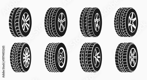 Vector illustration of set of car tires with different tread patterns on a transparent background