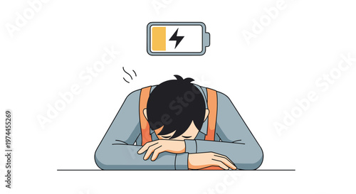 Young male employee slumped over desk with low battery symbol indicating exhaustion and burnout, representing fatigue, stress, and depletion of energy, a common symptom of modern