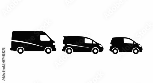 Vector illustration of set of three different sizes of commercial delivery vans icons on a transparent background