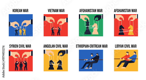 Symbolic visual representations of historical conflicts and geopolitical struggles, depicting puppet masters manipulating figures, chess pieces, and tug-of-war scenarios with bold