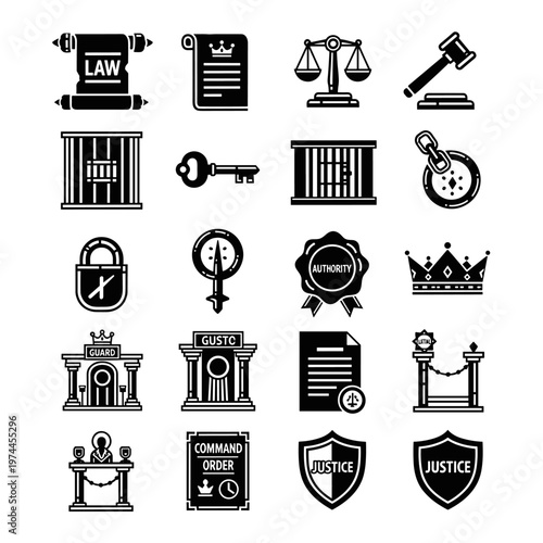 Collection of black and white vector symbols representing justice, law, authority, and legal proceedings, featuring scales, gavel, scrolls, courthouse elements, prison bars, keys,