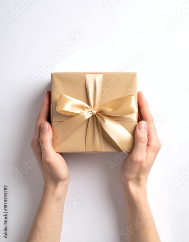 A person's hands cradle a square package wrapped in brown paper with a gold ribbon tied into a bow centered on top