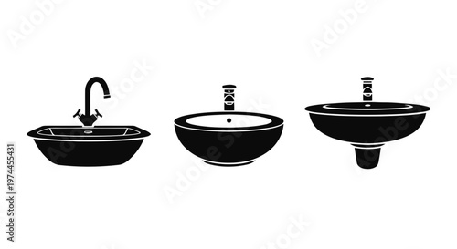 Vector illustration of set of bathroom sinks with faucets on a transparent background