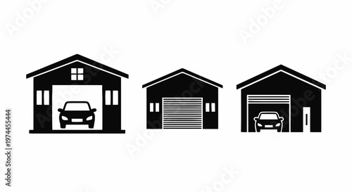Vector illustration of set of garage icons with cars and closed doors on a transparent background