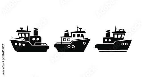 Vector illustration of set of three black silhouettes of fishing boats on a transparent background