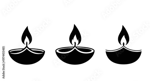 Vector illustration of set of three traditional indian oil lamps or diyas for diwali festival on a transparent background