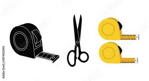 Stationery tools tape scissors and measuring tapes are displayed