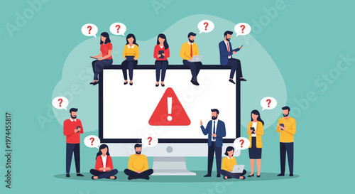 Confused people surrounding a large computer monitor with a warning sign