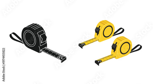 Isometric illustration of yellow and black tape measures showcasing different views