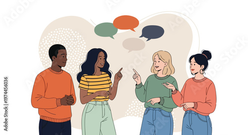 Four diverse people talking and gesturing with speech bubbles behind them