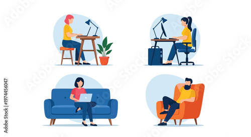 People working remotely from home or office with laptops and computers