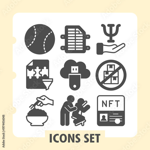 Set of nine modern glyph icons representing sport, food, nft, cloud storage, technology and lifestyle concepts. Ideal for web design, presentations and print on white background.