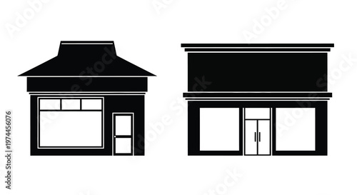 Two black silhouettes of building facades with different architectural styles