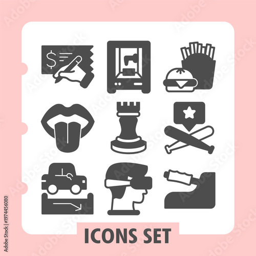 Set of nine monochrome glyph icons representing finance, parking, chess, virtual reality, travel and business concepts. Ideal for web design, presentations and print on white background.