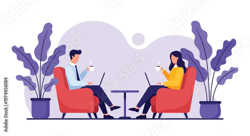 Business colleagues working on laptops while enjoying coffee in modern office setting with plants