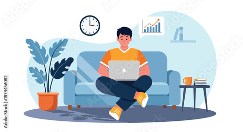 Man sitting on a blue couch with laptop and coffee in a modern living room setting with plant and clock
