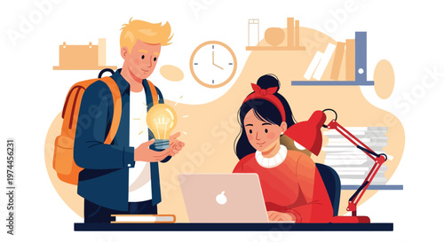 Two students studying together with laptop and books on a desk