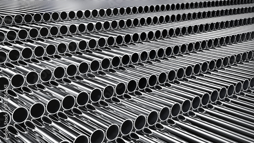 Abstract industrial background with rows of polished metal pipes arranged in perspective. 3d rendering