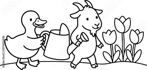 Cute duck and goat watering flowers black and white line art vector