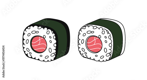 Two pieces of nori wrapped sushi with a salmon filling are displayed