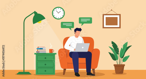 Man sitting on orange chair with laptop and talking with green speech bubbles around him in living room