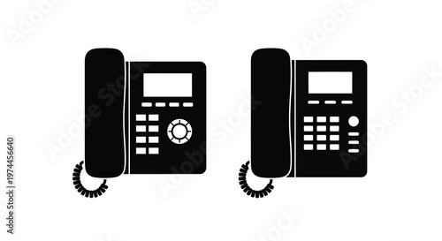 Two black silhouettes of vintage desk telephones with coiled cords