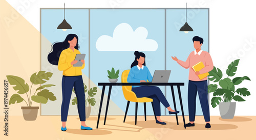 Three coworkers collaborating in a modern office with plants and laptops