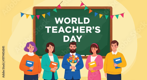 World teachers day illustration with diverse educators and colorful decorations
