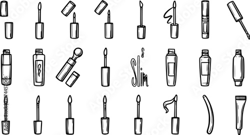 Black and White Line Art Icons of Makeup Brushes, Bottles, and Tubes